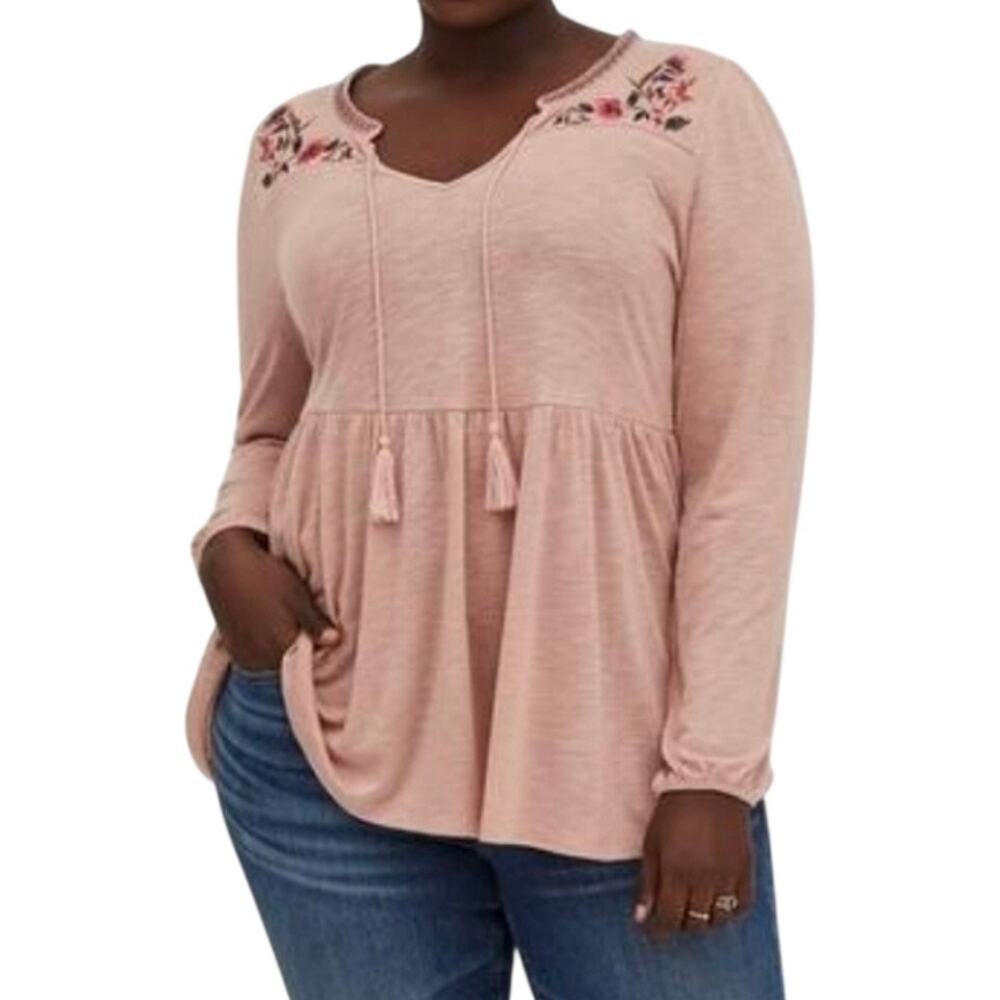 Torrid Babydoll Blouse Top Womens Size 2X Pink Embroidered Tassel Tie Boho